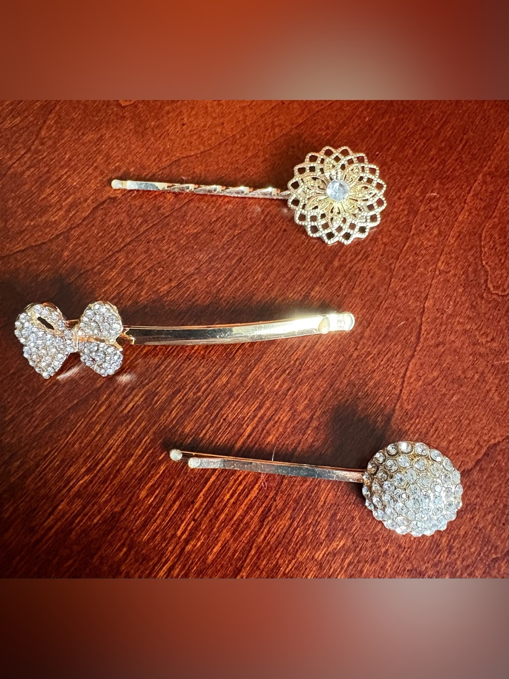 Set of 3 Gold Tone w/Rhinestone Bobby Pins